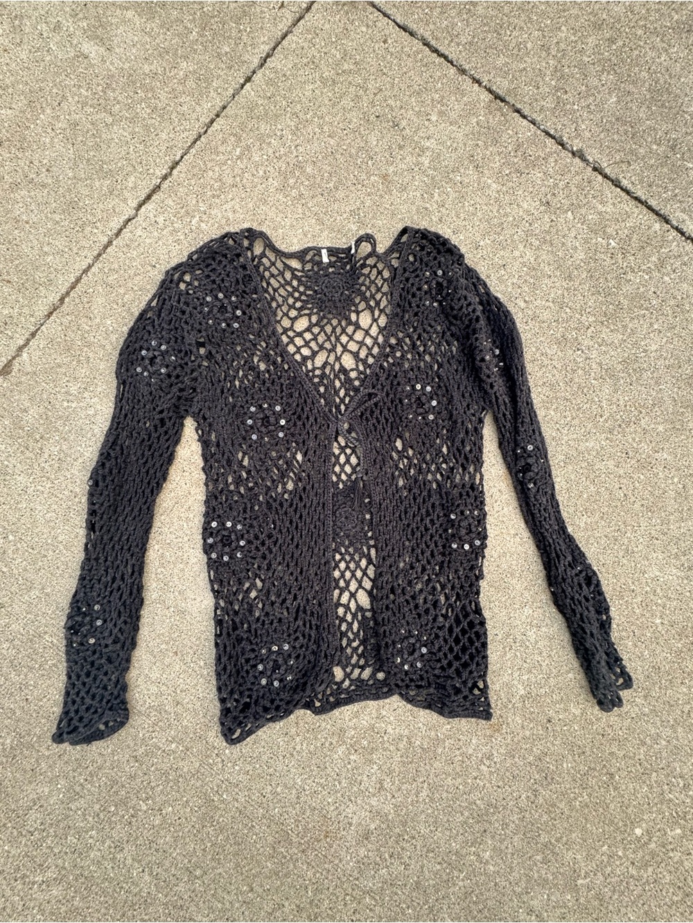 Black Crochet Openwork Women's Sweater Cardigan